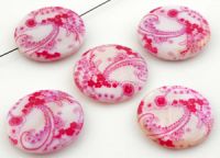 Perlmutt Perle flach rund Paisleymuster rosa-wei 1 Stck